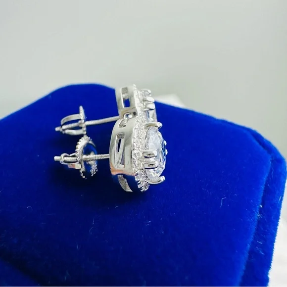 925 Sterling Silver Screwback Halo Diamond CZ Stud Earrings - Picture 3 of 8